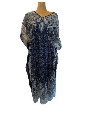 Speed Control Navy and White Paisley Beach Maxi Caftan Dress - Kaftan 3X